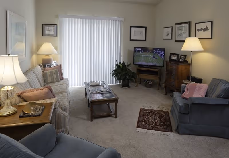 Cozy living room with sofas and armchairs around a coffee table, a TV on a stand, lamps, framed art, and vertical blinds over a sliding glass door.