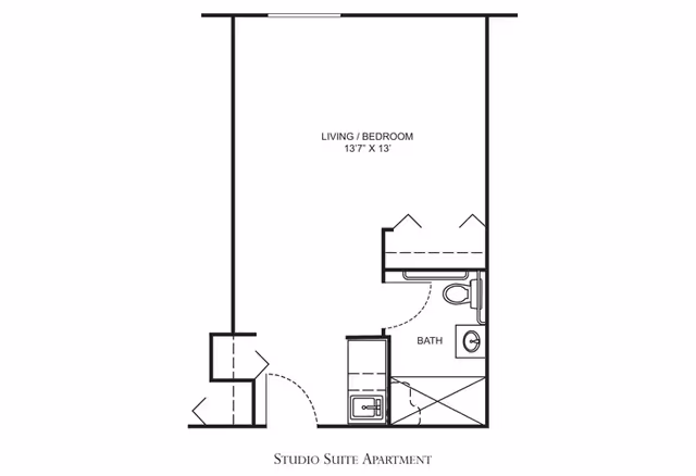 Floor plan of a studio suite apartment showing a combined living and bedroom area measuring 13 feet 7 inches by 13 feet, a bathroom with a toilet, sink, and shower, and an entry area with closets.