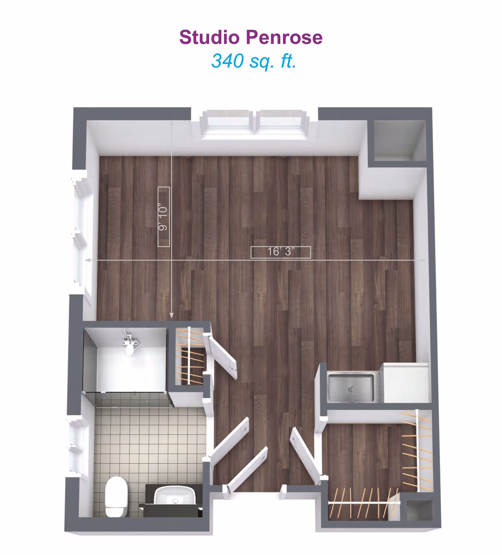 3D floor plan of Studio Penrose apartment with 340 square feet. The layout shows a main living area with wood flooring measuring 16 feet 3 inches by 9 feet 10 inches, a bathroom with tiled floor including a toilet and sink, and a small kitchen area with a sink and counter space. There are closets near the entrance and kitchen area.