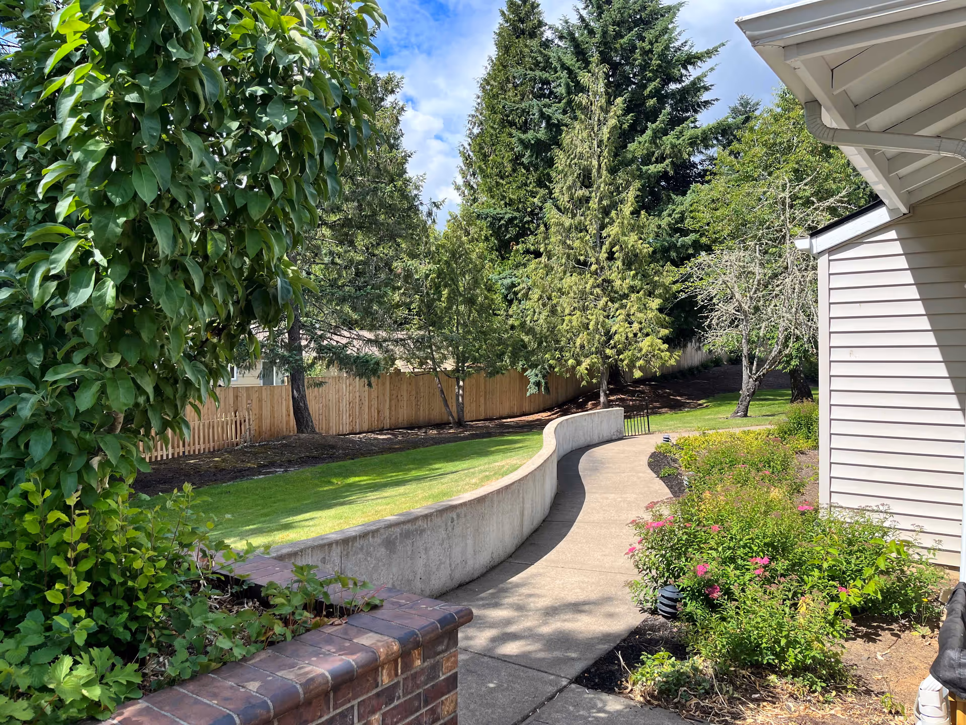 Curving concrete walkway through a landscaped outdoor area with shrubs, trees, a wooden fence and part of a building.