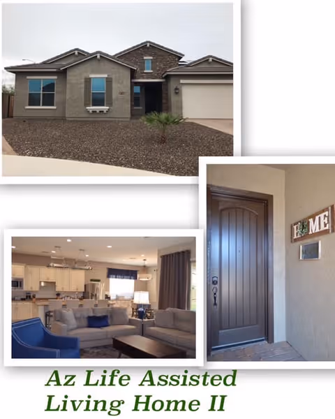 Collage of three images showing an assisted living home. The top image shows the front exterior of a single-story house with a stone and stucco facade, a small palm tree in the gravel front yard, and a two-car garage. The right image shows a close-up of a brown front door with a decorative sign that reads 'HOME' on the wall next to it. The bottom left image shows an interior living room with beige sofas, a blue armchair, a coffee table, and a kitchen area in the background with white cabinets and modern lighting.