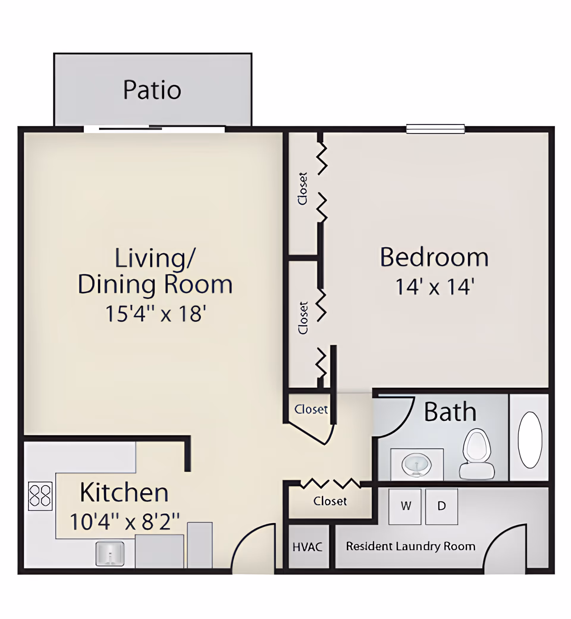Floor plan of a senior living unit at Commonwealth Senior Living At Farnham showing a patio, living/dining room, bedroom, kitchen, bathroom, resident laundry room, HVAC, and multiple closets.