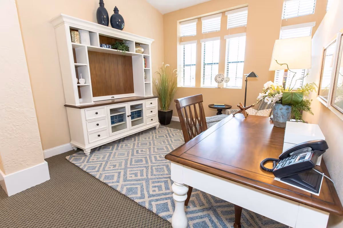 A bright office space with a wooden desk and chair, a white and wood cabinet with shelves, a patterned rug, a potted plant, a table lamp, and a window with blinds letting in natural light.
