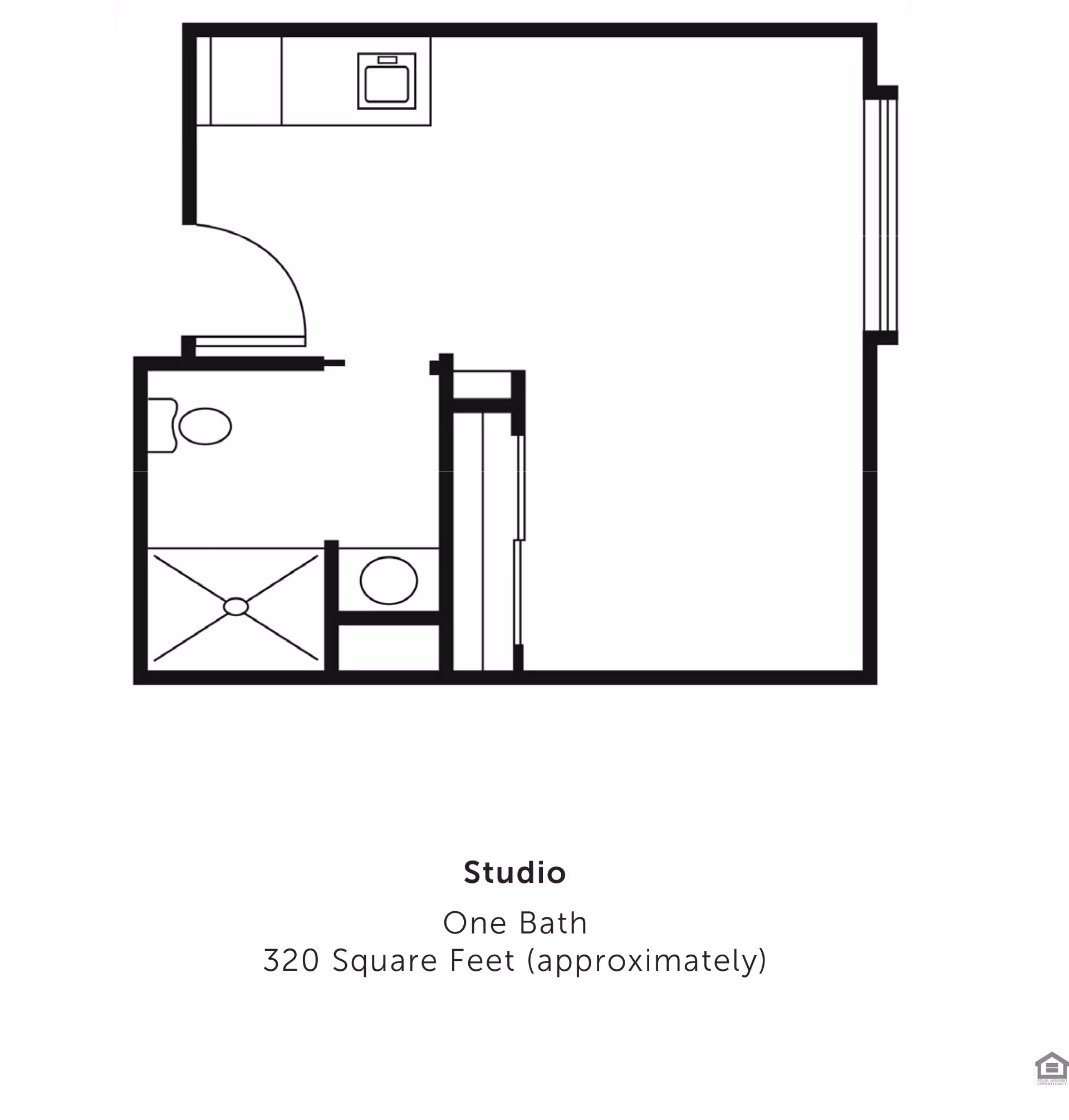 Architectural floor plan of a studio apartment with one bathroom, approximately 320 square feet. The layout includes a bathroom with a toilet and shower, a small kitchen area with a sink, and an open living/sleeping space.