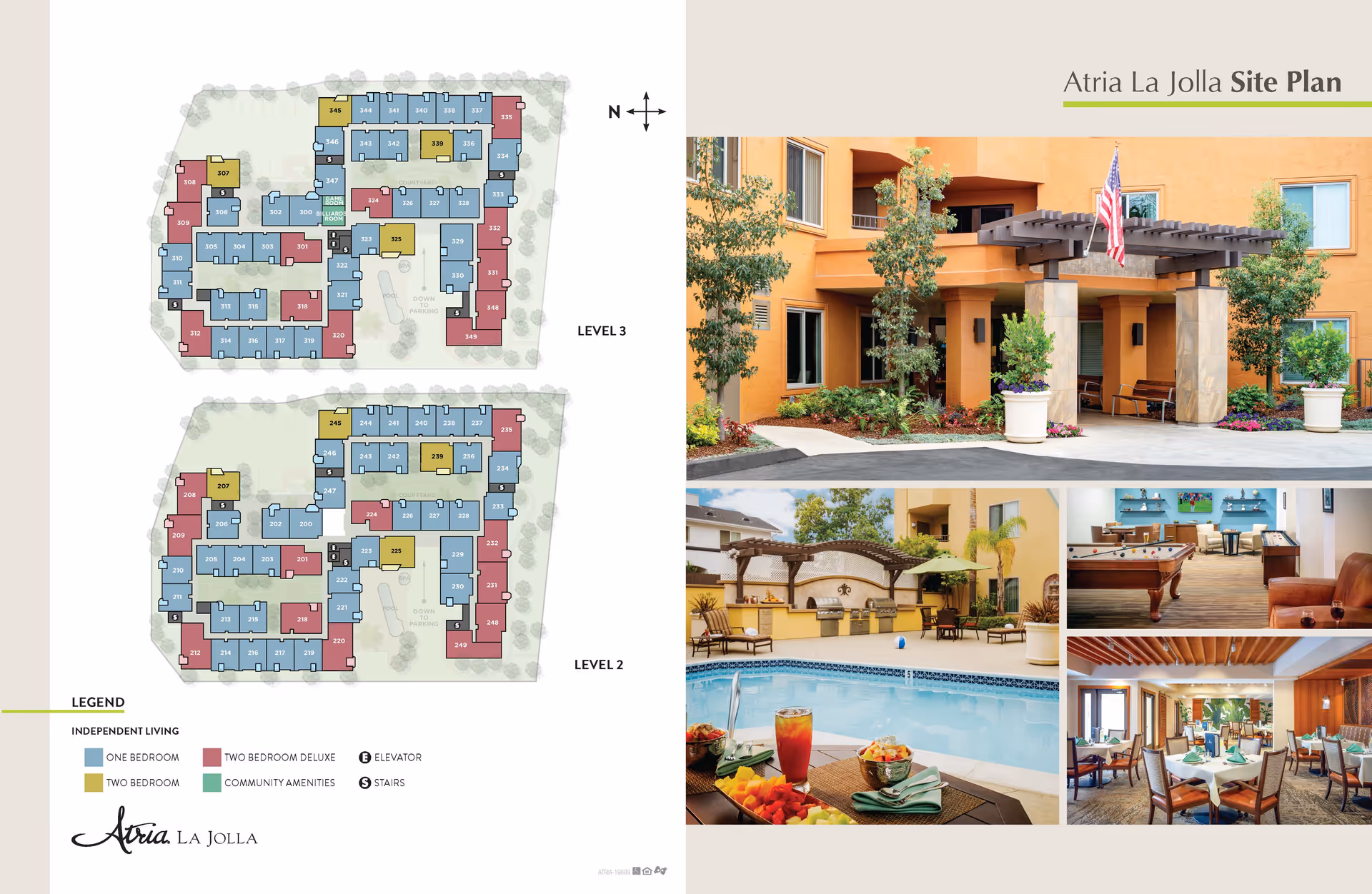 Site plan of Atria La Jolla showing floor layouts for Level 2 and Level 3 with color-coded independent living units and amenities. Adjacent images include the building entrance with landscaping and an American flag, an outdoor pool area with food and drinks on a table, a game room with a pool table, and a dining room set with tables and chairs.