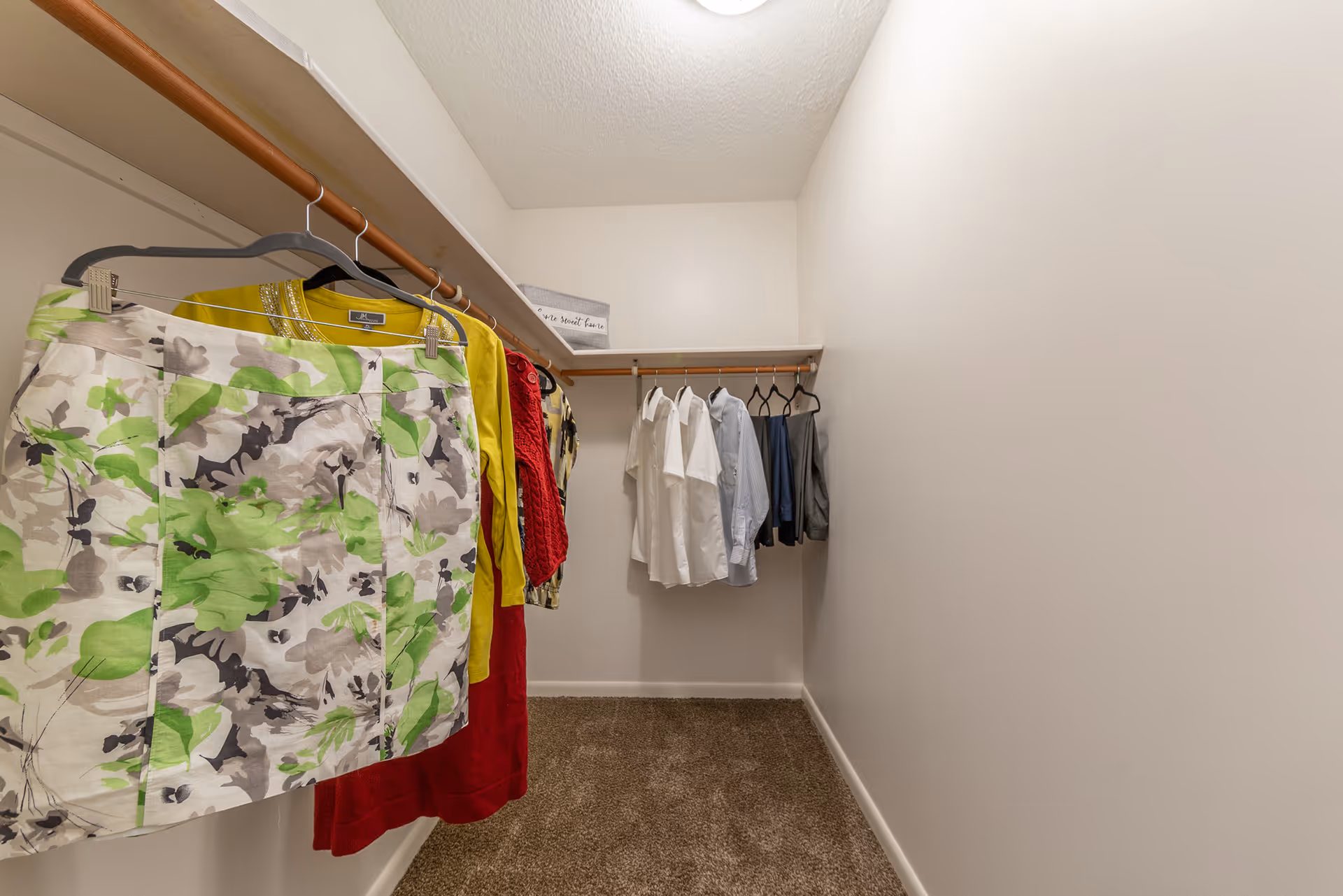 A walk-in closet with beige carpet and white walls. Clothes including skirts, shirts, and jackets are hanging on wooden rods along two walls. A small decorative box is placed on a shelf in the corner.