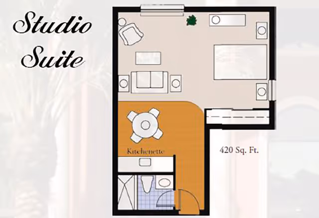 Floor plan of a 420 sq. ft. studio suite showing a kitchenette, bathroom, and combined living/sleeping area with furniture layout.