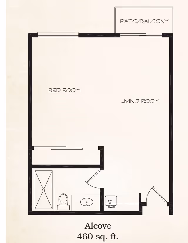 Floor plan of an alcove apartment at Summerfield Estates Retirement Community showing a bedroom, living room, bathroom with shower, toilet, and sink, a kitchen area, and a patio/balcony. The total area is 460 square feet.