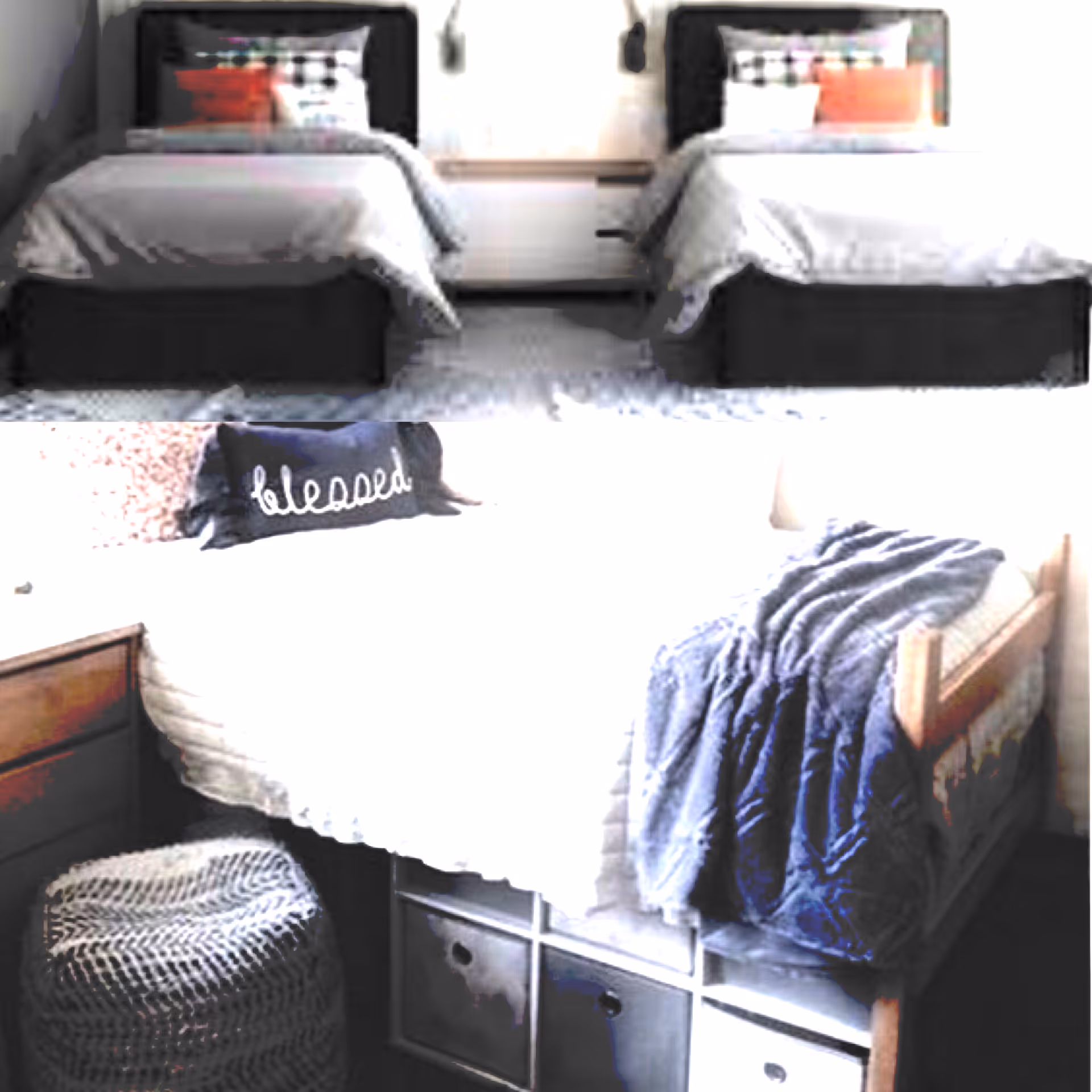 Bedroom with twin beds and a separate single bed featuring a "blessed" pillow, storage drawers and a knit pouf.