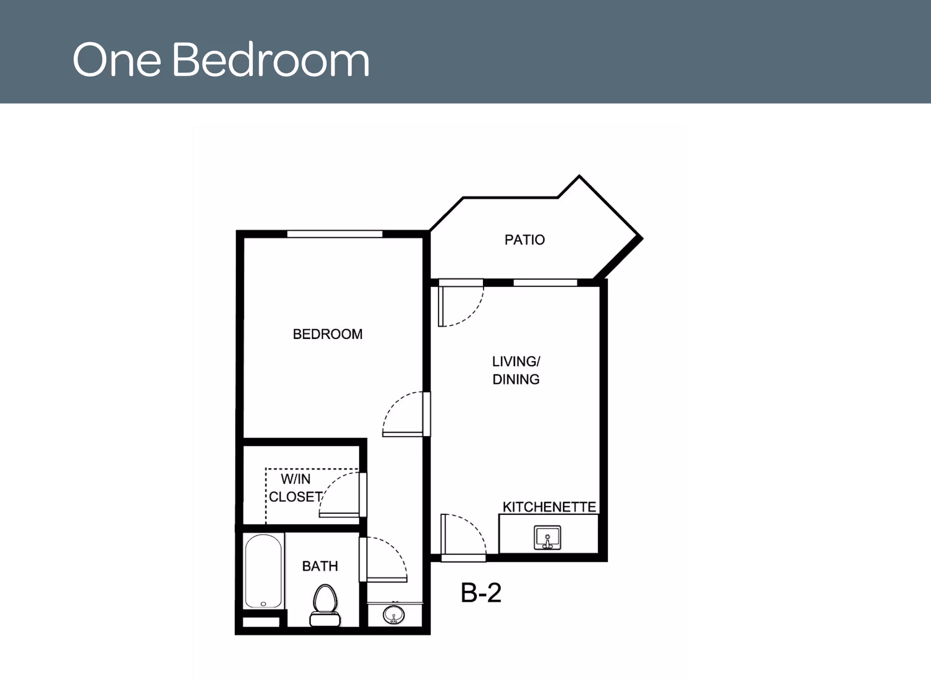 Floor plan of a one-bedroom apartment featuring a bedroom, walk-in closet, bathroom, living/dining area, kitchenette, and a patio.