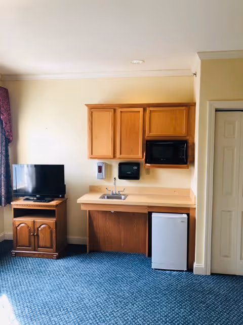 A small kitchenette area with wooden cabinets, a sink, a microwave mounted above the counter, and a mini refrigerator below. To the left of the kitchenette is a small wooden TV stand with a flat-screen television on top. The room has blue carpet flooring and light-colored walls with a window partially visible on the left side.