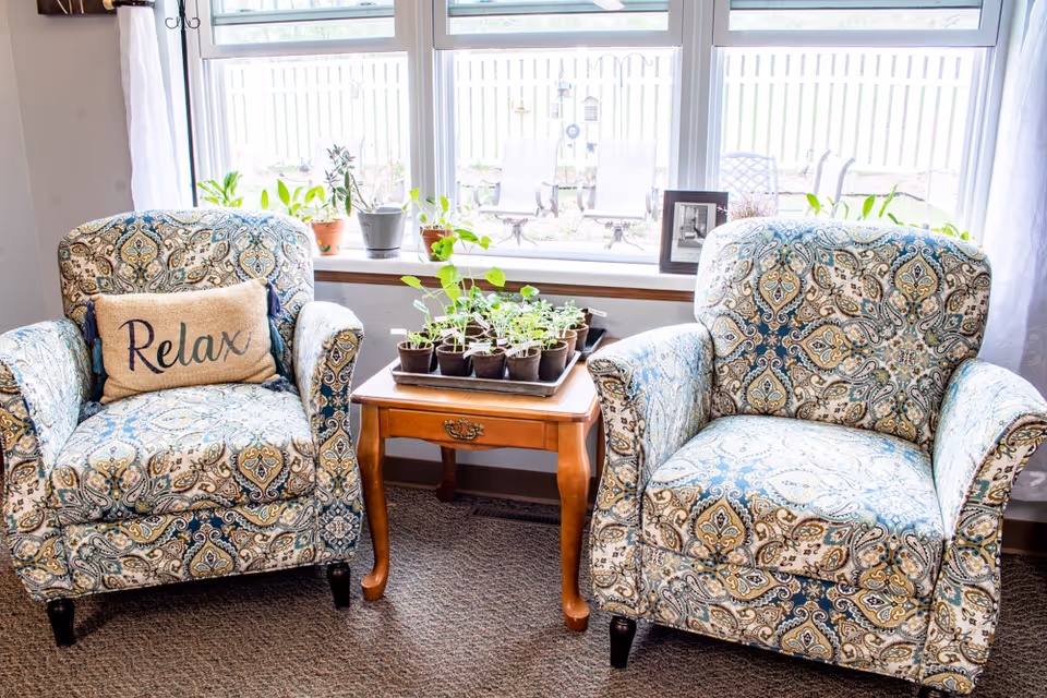 Two patterned armchairs with a paisley design are positioned on either side of a wooden side table holding a tray of small potted plants. One chair has a beige pillow with the word 'Relax' on it. Behind the chairs is a large window with several more potted plants on the windowsill and a view of outdoor chairs and a white picket fence.