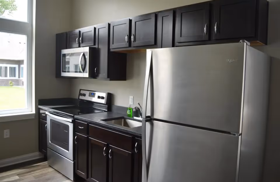 Modern kitchen with dark wood cabinets, stainless steel refrigerator, stove, and microwave. A window on the left side lets in natural light, and there is a small sink with a green dish soap bottle on the counter.