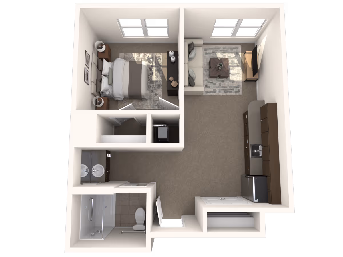 Top-down 3D floor plan of a one-bedroom apartment showing a bedroom, living area with sofa and TV, kitchen, and bathroom.