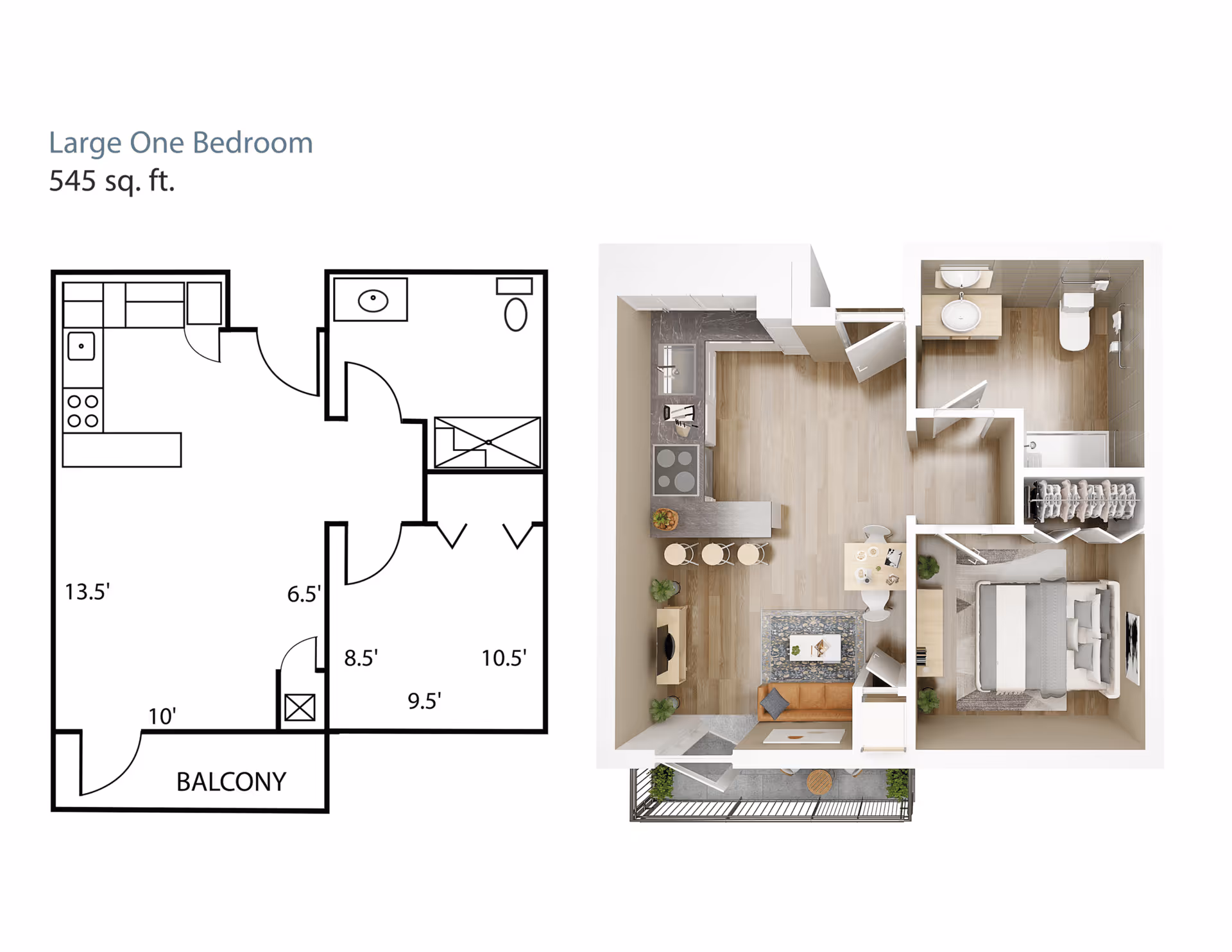 Floor plan and 3D layout of a large one-bedroom apartment with 545 square feet. The layout includes a kitchen with appliances and a counter with stools, a living area with a sofa and TV, a dining table, a bedroom with a bed and nightstands, a bathroom with a sink, toilet, and shower, a closet, and a balcony.