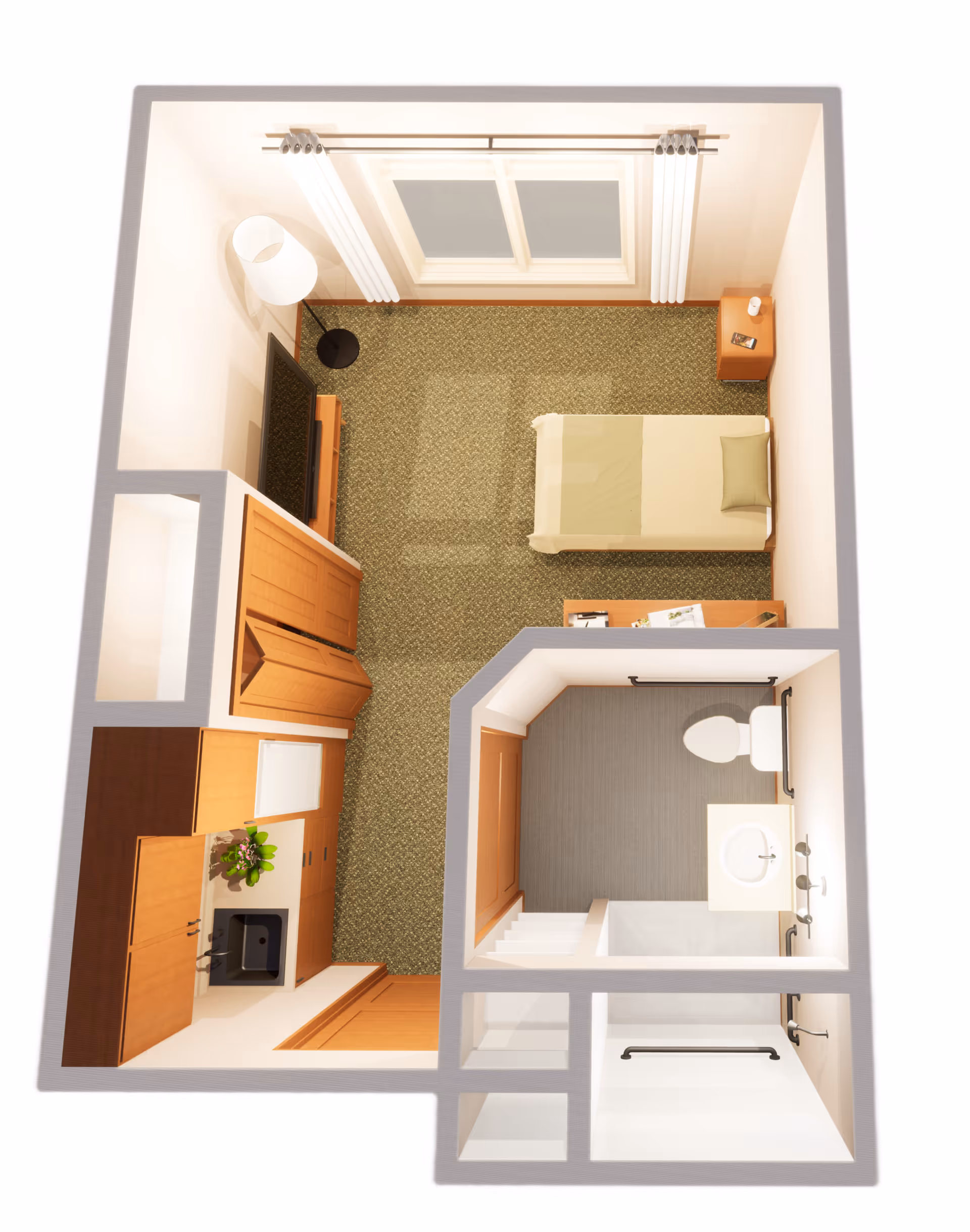 Top-down view of a small assisted living apartment featuring a single bed with a pillow and blanket, a nightstand with a cup and phone, a TV on a stand, a floor lamp, a kitchenette with a sink and cabinets, and an attached bathroom with a toilet, sink, and shower equipped with grab bars.