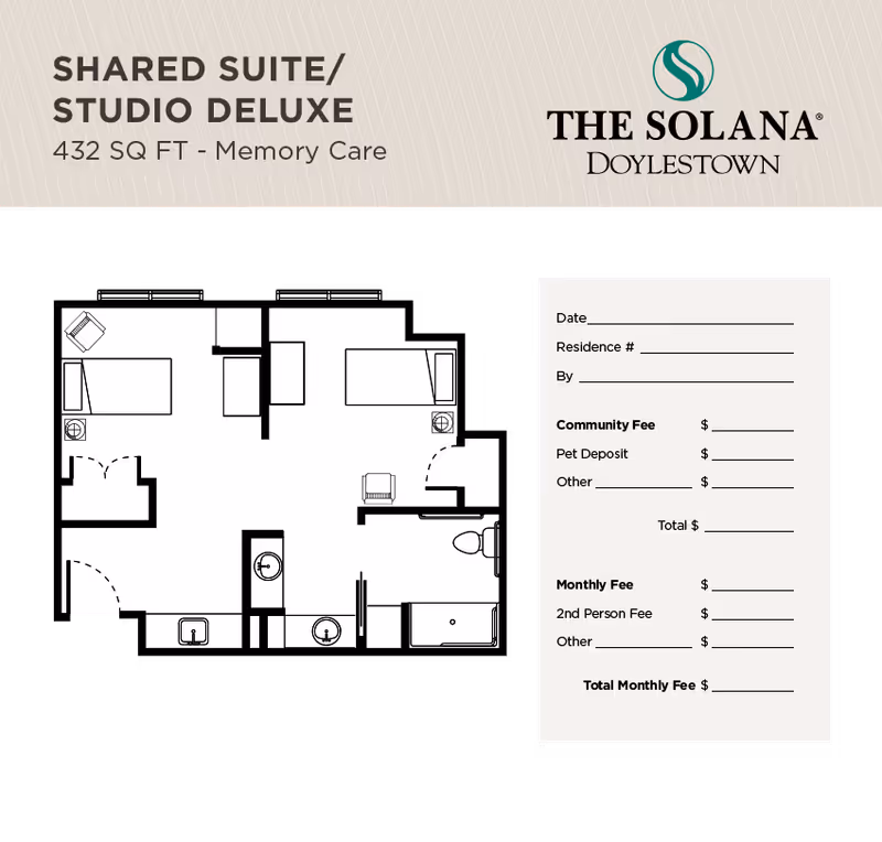 Floor plan of a shared suite/studio deluxe memory care unit at The Solana Doylestown, showing two beds, two nightstands, a bathroom with a toilet and bathtub, a sink area, and a small seating area. The plan includes space measurements of 432 square feet and a section for fees and deposits.