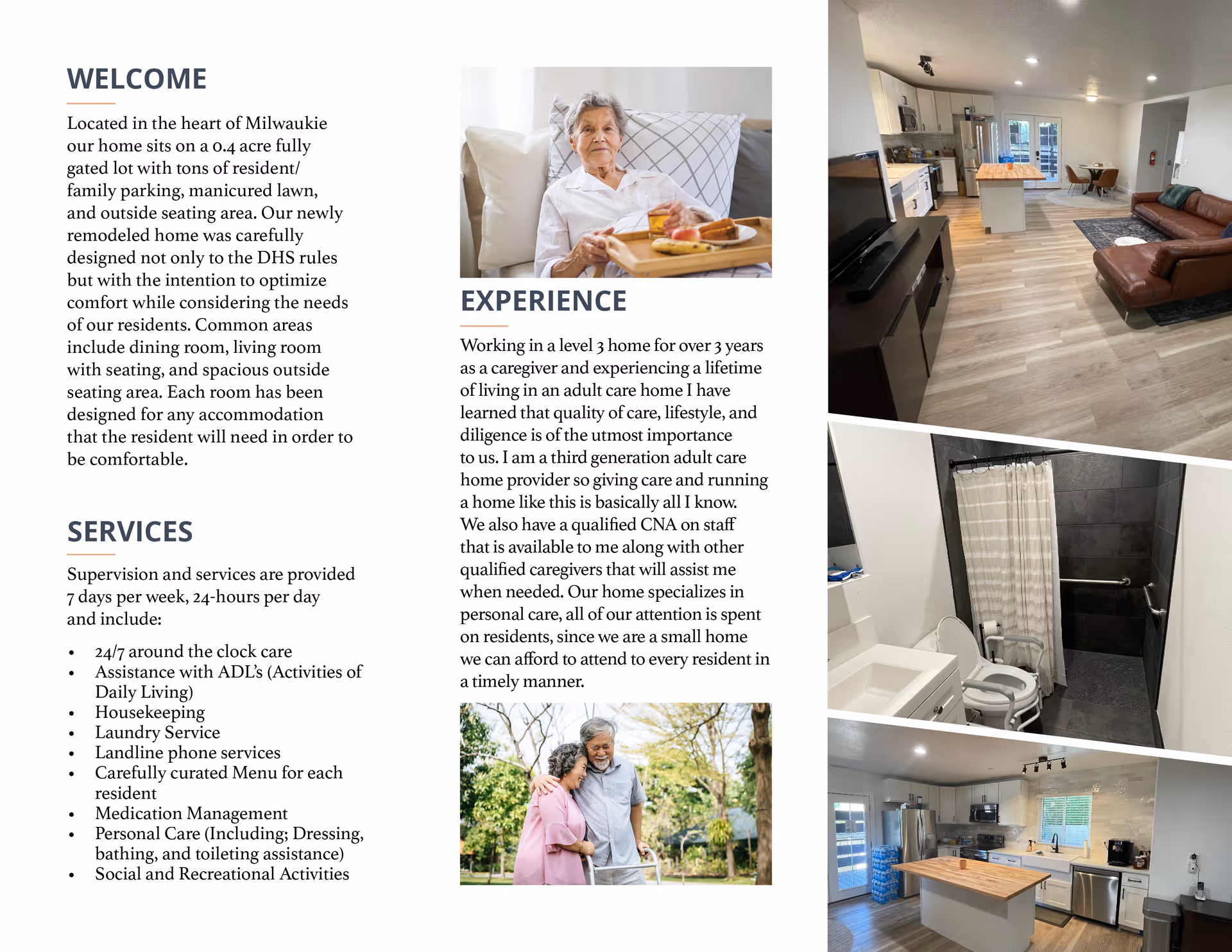 Brochure for White Lake Care Home LLC featuring text about services, experience, and welcome message alongside images of an elderly woman with breakfast in bed, a caregiver assisting a senior outdoors, a living room with kitchen and dining area, a bathroom with shower and toilet, and a modern kitchen.