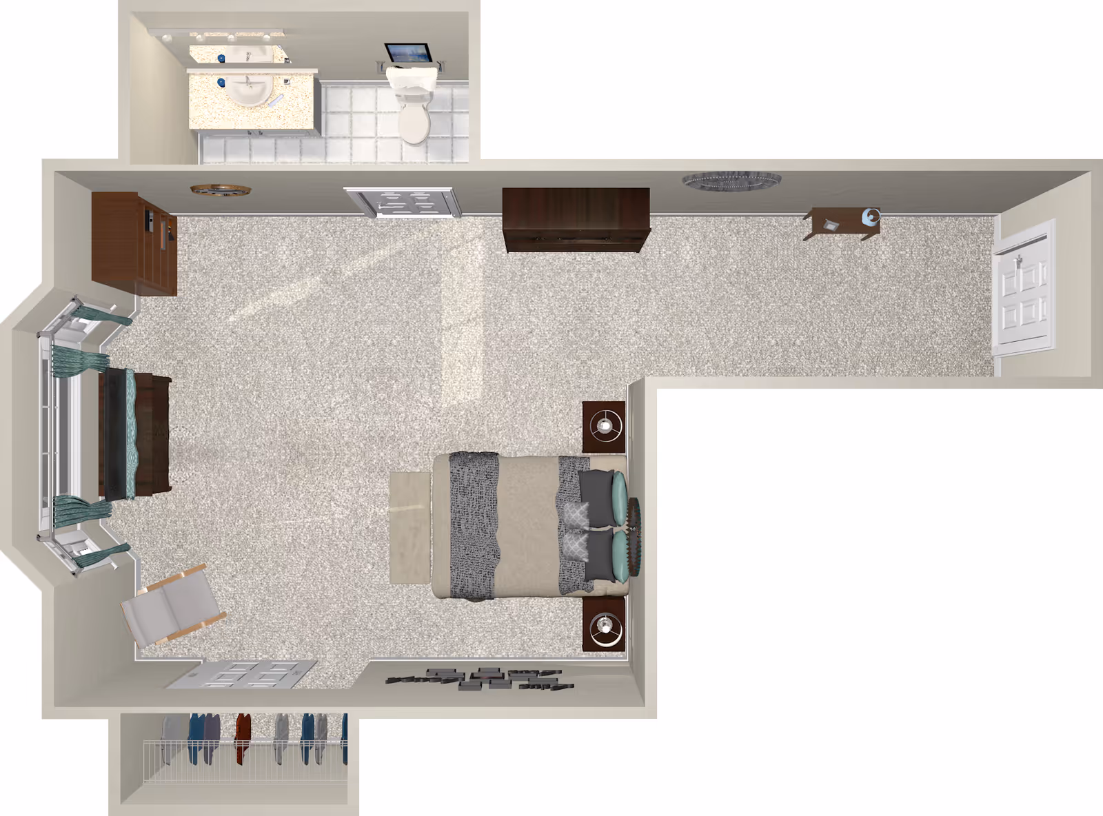 Top-down view of a senior living facility bedroom layout featuring a bed with two nightstands, a dresser, a small table, a chair near a bay window with curtains, a closet with hanging clothes, and an attached bathroom with a sink and toilet.