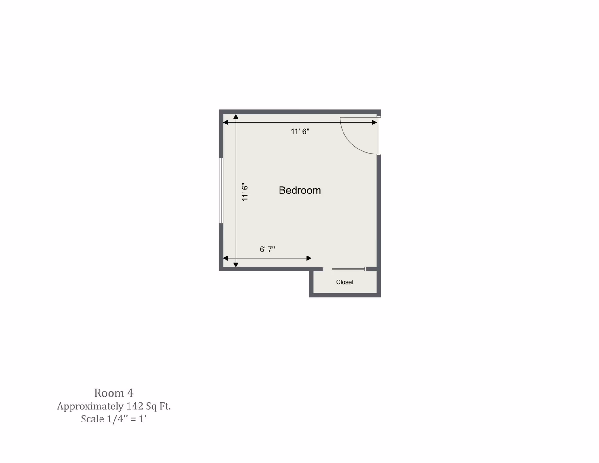 Floor plan of a bedroom labeled Room 4, approximately 142 square feet, with dimensions 11 feet 6 inches by 11 feet 6 inches and a closet area. The scale is 1/4 inch equals 1 foot.
