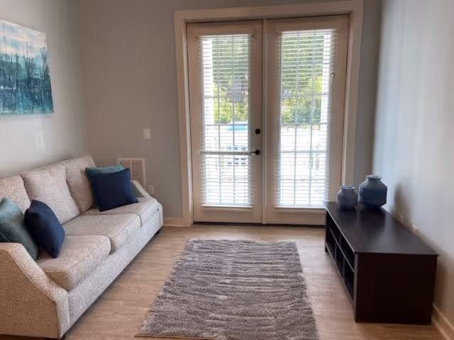 A small living room with a beige sofa adorned with dark blue and green pillows on the left, a gray rug on the wooden floor in the center, and a dark wooden TV stand with decorative blue vases on the right. French doors with white blinds lead outside, allowing natural light to fill the room.