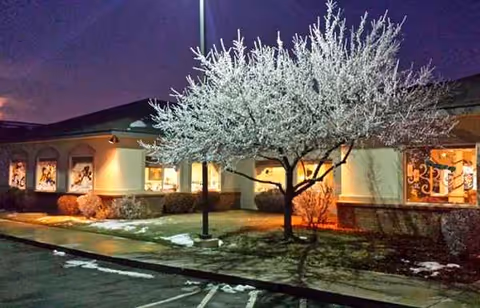 Nighttime exterior view of Overland Court Senior Living with a blooming tree in front.