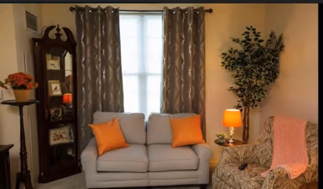 A cozy living room with a light gray loveseat adorned with two orange pillows, a patterned armchair with a coral throw blanket, a tall wooden grandfather clock, a small round table with a potted plant, and a side table with an orange lamp and a small plant. The window behind the loveseat is covered with gray curtains.