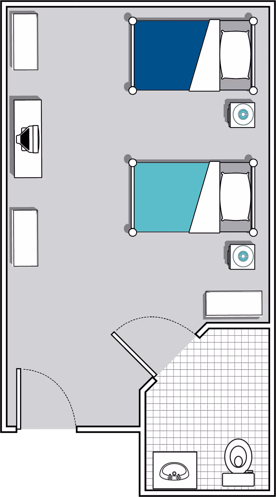 Floor plan of a room with two single beds, each with a nightstand beside it. The room includes a dresser with a television on top, a small bench, and an attached bathroom with a sink and toilet.
