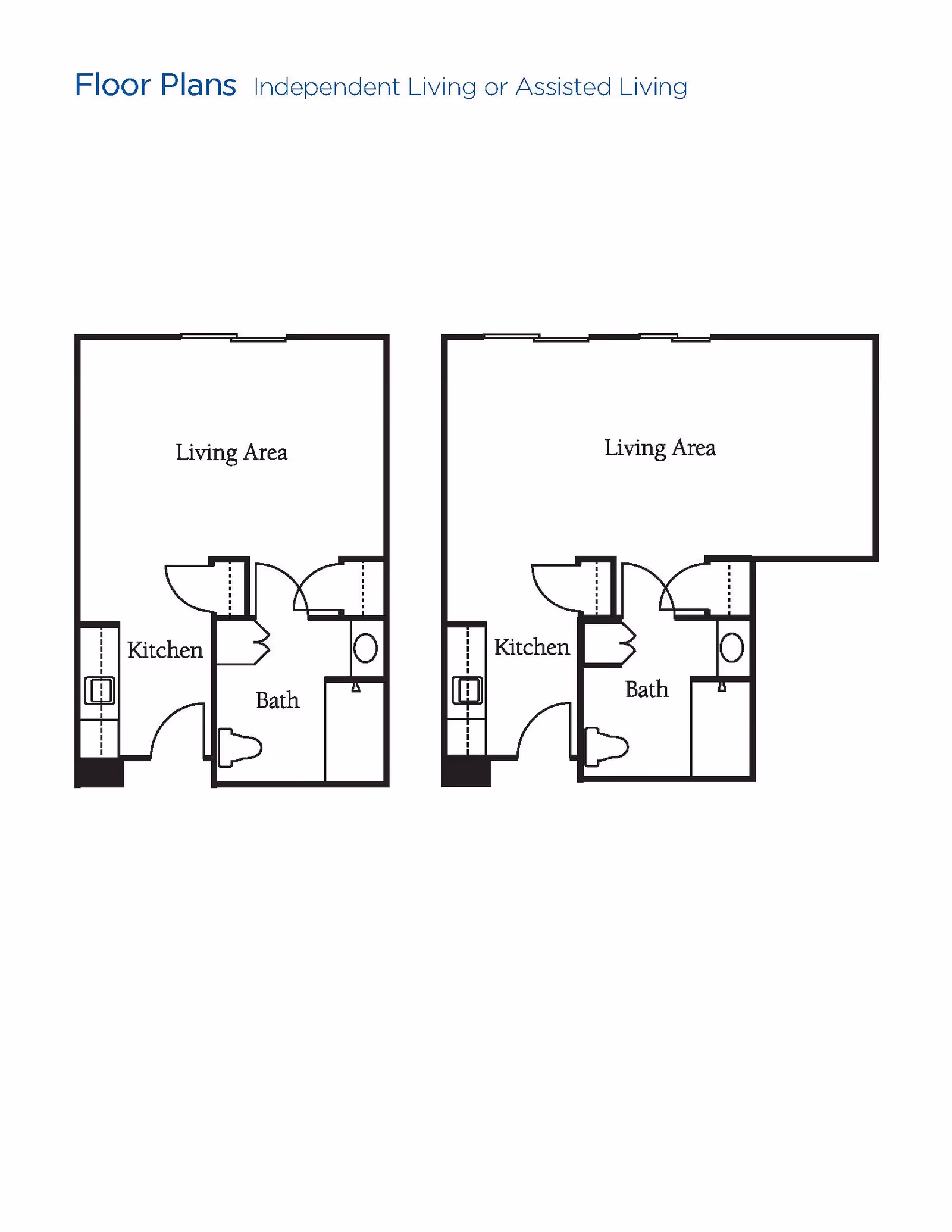 Two floor plan layouts for independent living or assisted living units, each showing a living area, kitchen, and bathroom.