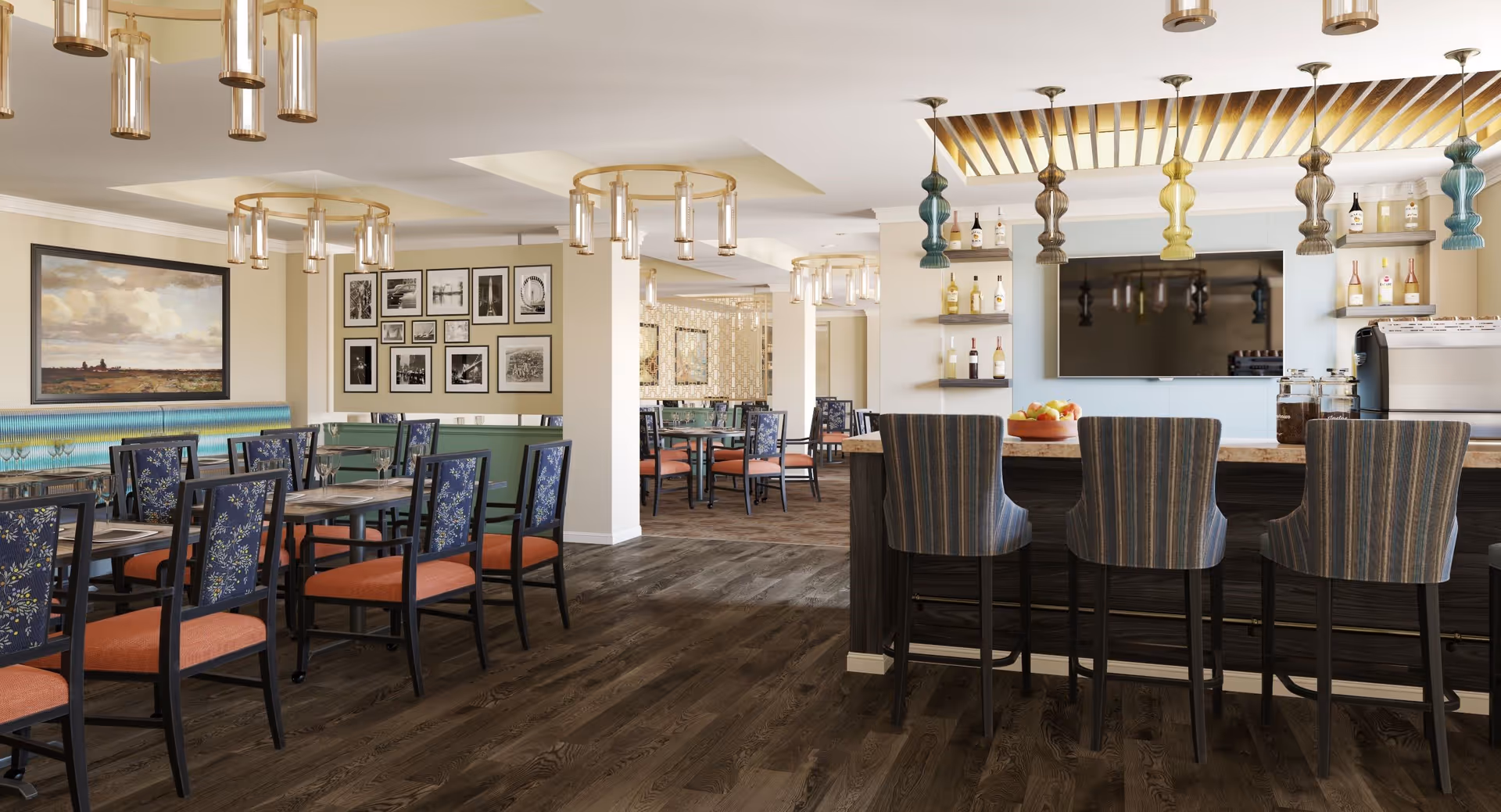 A spacious and well-lit dining area in a senior living facility featuring multiple tables with chairs that have blue floral backs and orange seats. There is a bar area with striped high chairs and hanging decorative lights above. The walls are adorned with framed pictures and a large painting. The floor is dark wood, and the overall decor is modern and inviting.