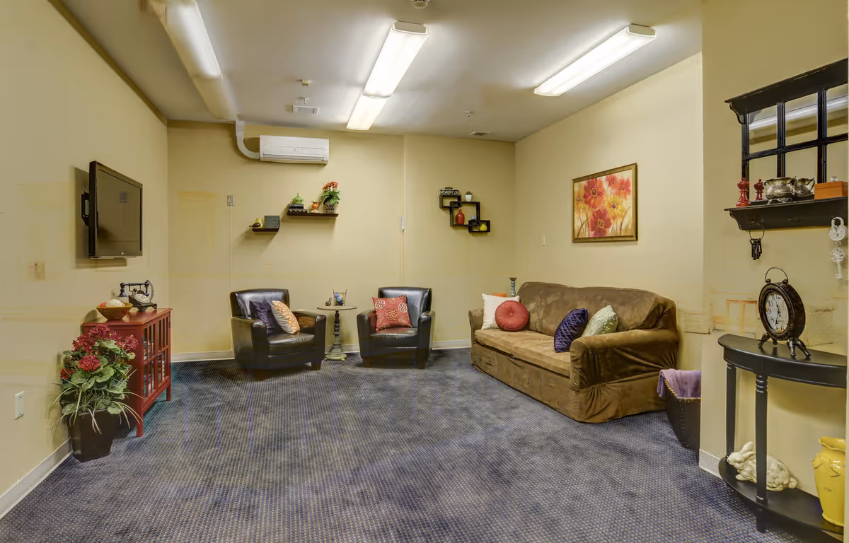 A cozy living room with a brown sofa adorned with colorful pillows, two black armchairs with patterned cushions, a small round side table, and a red cabinet with decorative items. The walls are light yellow with shelves holding plants and decor, a wall-mounted TV, and framed floral artwork. The room has a blue carpet and fluorescent ceiling lights.