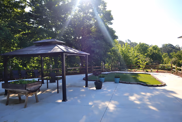 Outdoor patio area with a metal gazebo, potted plants, raised planters and a small turf patch bordered by trees.