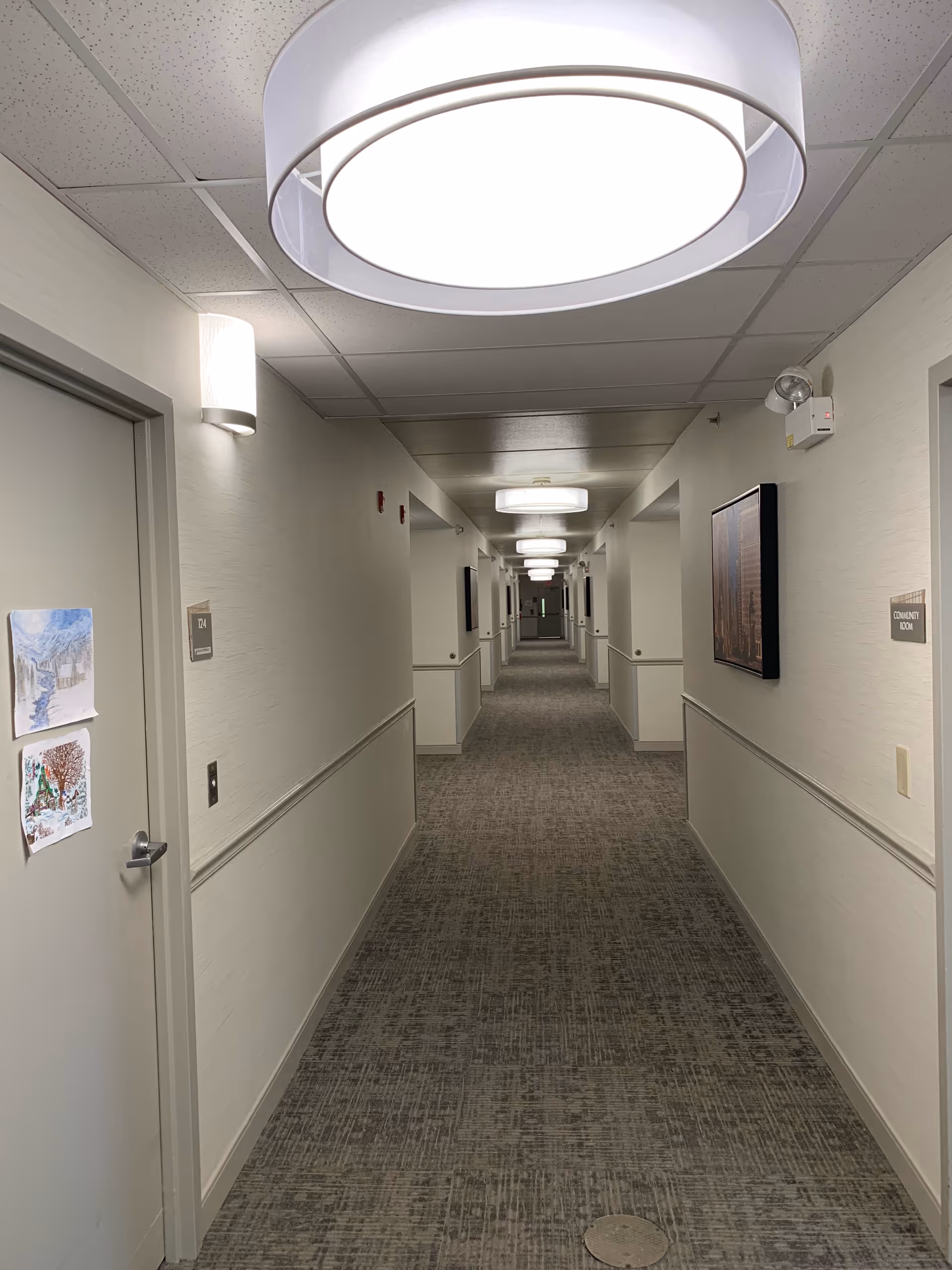 Carpeted interior hallway lined with resident doors, artwork, and round ceiling lights.