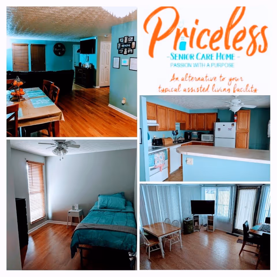 Collage of interior images from Priceless Senior Care Home showing a dining area with a table and chairs, a living room with a TV and seating, a kitchen with wooden cabinets and appliances, and a bedroom with a single bed and nightstand.