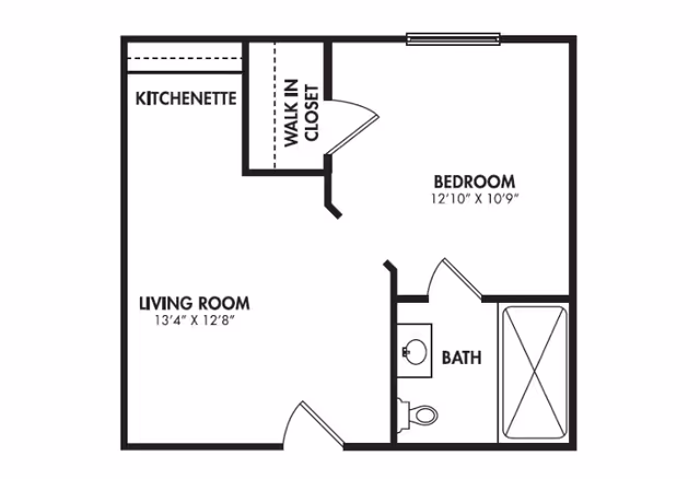 Black-and-white one-bedroom apartment floor plan showing a living room with kitchenette, a bedroom with a walk-in closet, and a bath.
