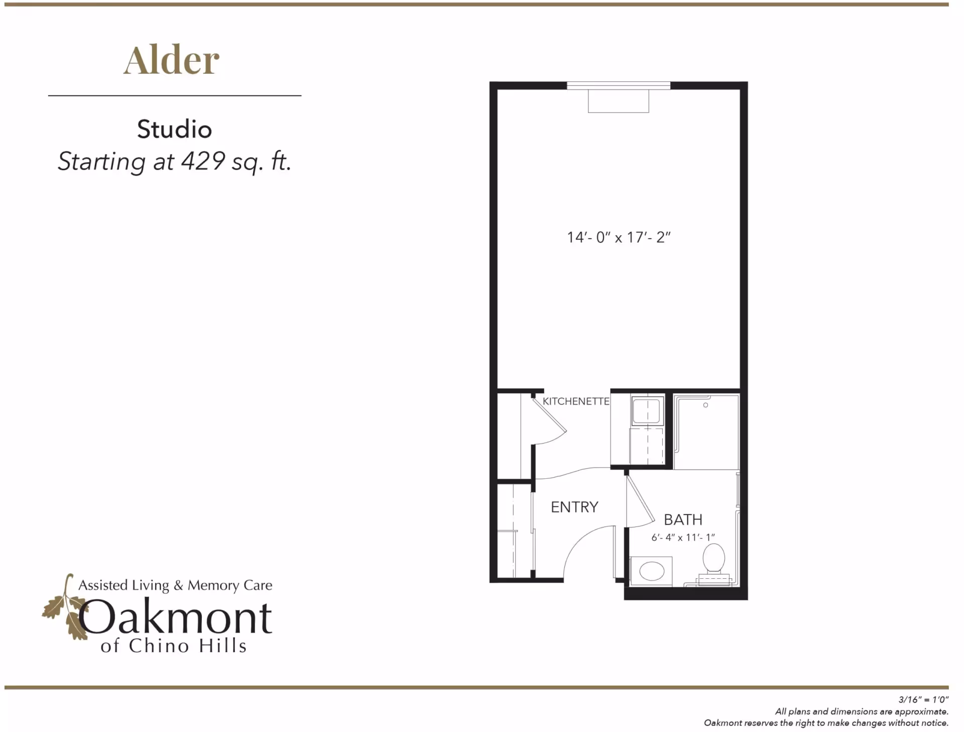 Studio floor plan titled Alder showing an entry, kitchenette, bathroom, and a main living area for Oakmont of Chino Hills.