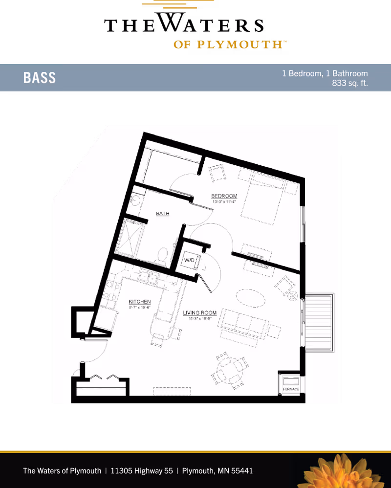 Floor plan of a one-bedroom, one-bathroom apartment named Bass at The Waters of Plymouth, showing the layout with labeled areas including bedroom, bathroom, kitchen, living room, washer/dryer, and furnace. The apartment measures 833 square feet.