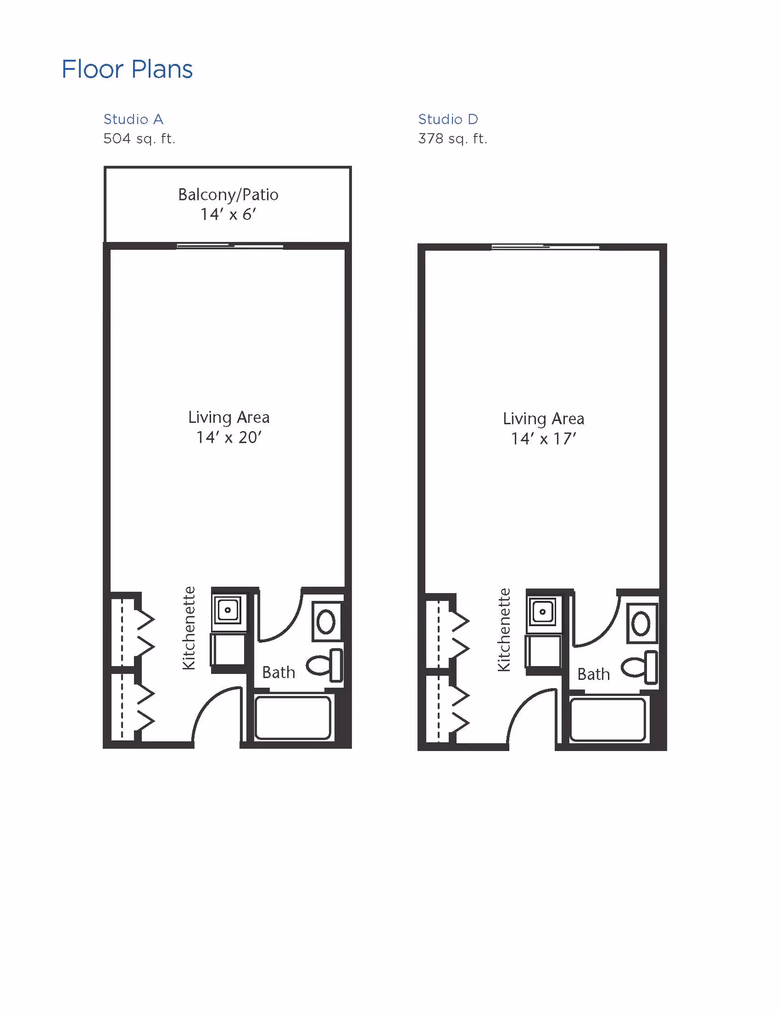 Floor plans for two studio apartments at Brookdale Sakonnet Bay. Studio A is 504 sq. ft. with a balcony/patio measuring 14 by 6 feet, a living area of 14 by 20 feet, a kitchenette, and a bathroom. Studio D is 378 sq. ft. with a living area of 14 by 17 feet, a kitchenette, and a bathroom.