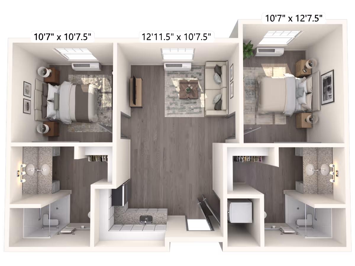 3D floor plan of a two-bedroom apartment with two bathrooms, a kitchen, and a living room. The left bedroom measures 10'7" x 10'7.5" and the right bedroom measures 10'7" x 12'7.5". The living room in the center measures 12'11.5" x 10'7.5" and includes a sofa, coffee table, and TV. Each bedroom has a bed, nightstands, and windows. The bathrooms have double sinks, mirrors, and showers. The kitchen includes a sink, stove, and refrigerator.