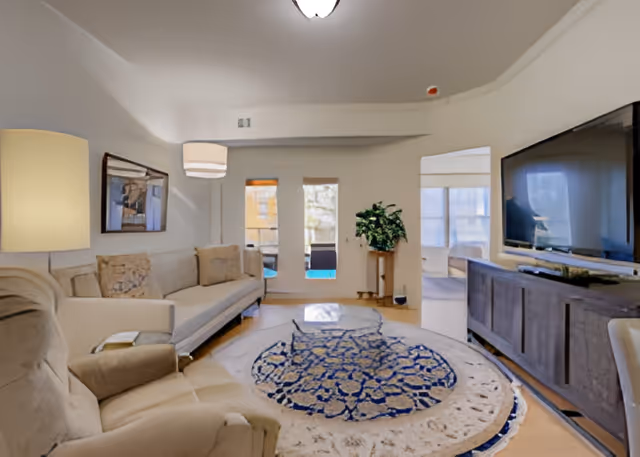 A bright living room with a beige sofa, an armchair, a round patterned rug, a large flat-screen TV on a wooden console, a floor lamp, a potted plant, and large windows letting in natural light.