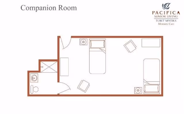 Floor plan of a companion room in a senior living facility showing two beds, two chairs, two nightstands, and a bathroom with a toilet and sink.