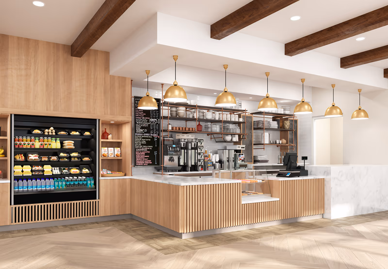 Bright modern café-style service counter with refrigerated display, coffee machines, pendant lights, and wood finishes.