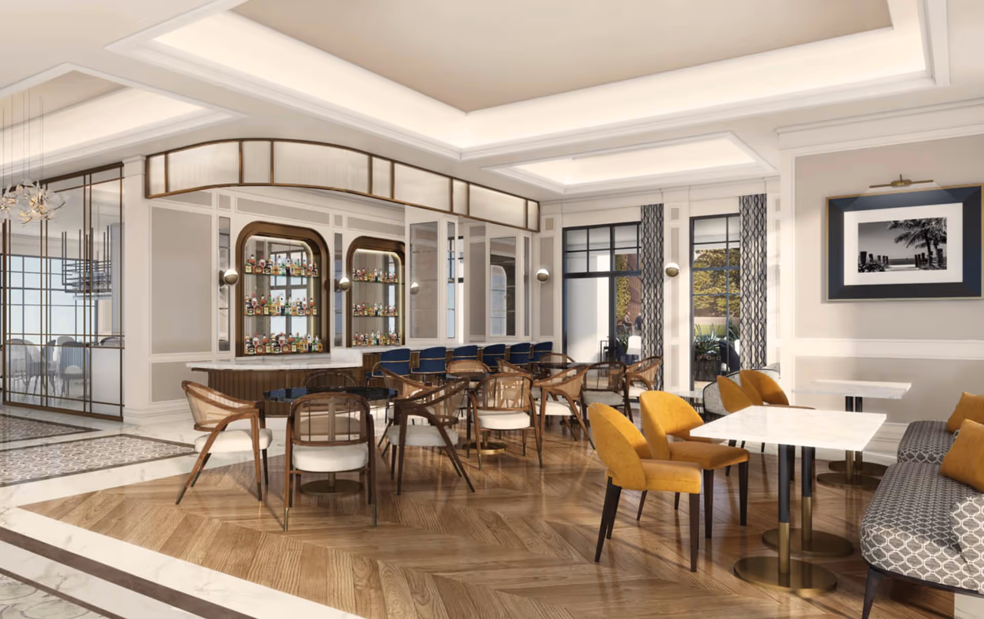 A stylish and modern dining area featuring multiple tables and chairs, a bar with shelves stocked with various bottles, large windows with patterned curtains, and a framed black and white photograph on the wall. The room has a polished wooden floor and a bright, elegant ceiling design.