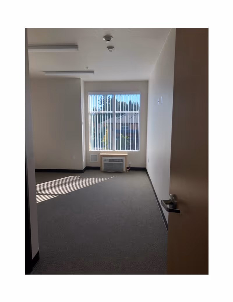 Empty room with gray carpet, white walls, a window with vertical blinds letting in sunlight, and a wall-mounted air conditioning unit below the window. The door to the room is partially open.