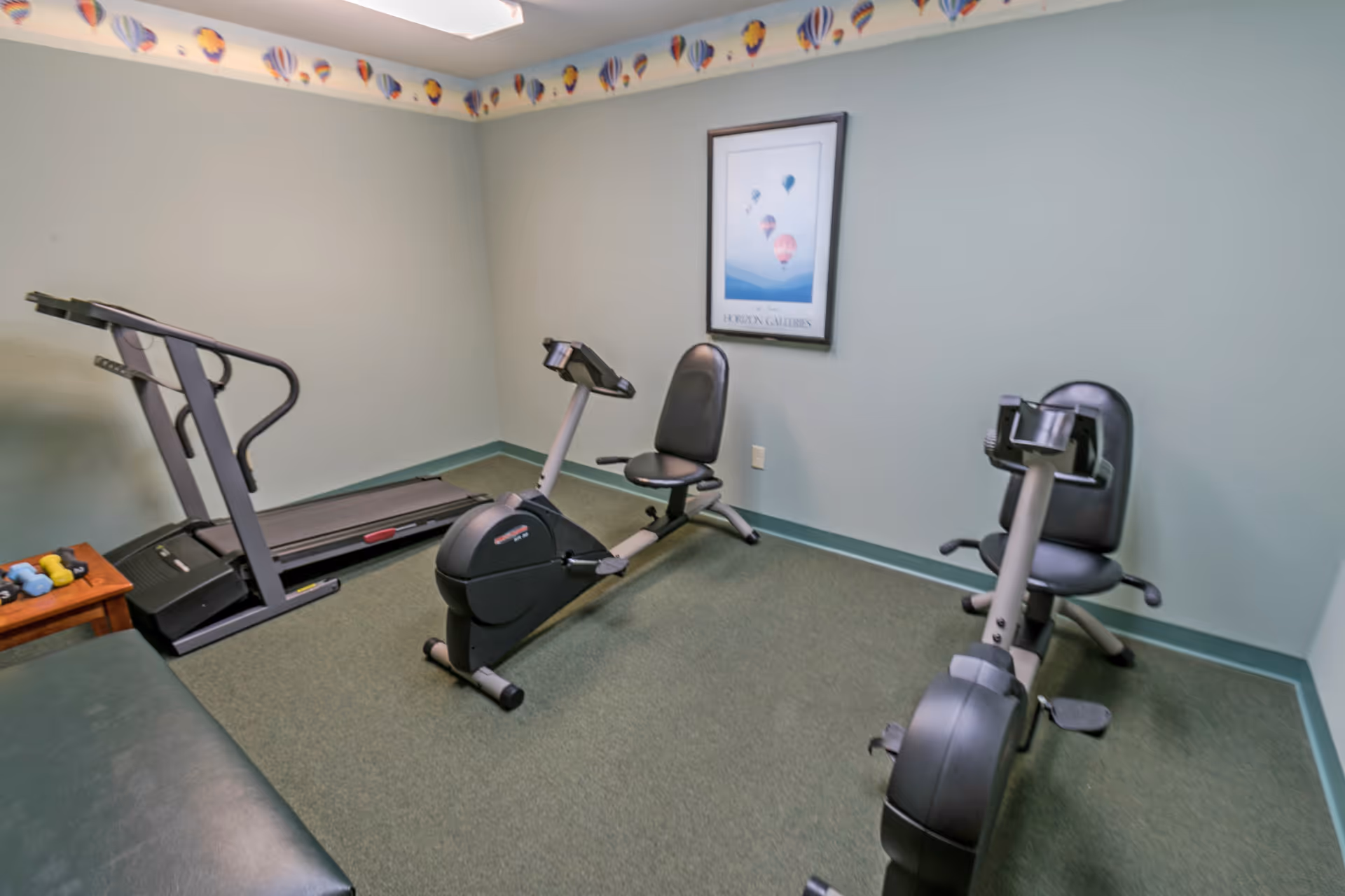 Small exercise room with a treadmill, two stationary recumbent bikes, a bench, and a small table with dumbbells. The walls are light green with a hot air balloon border near the ceiling and a framed picture of hot air balloons on one wall.