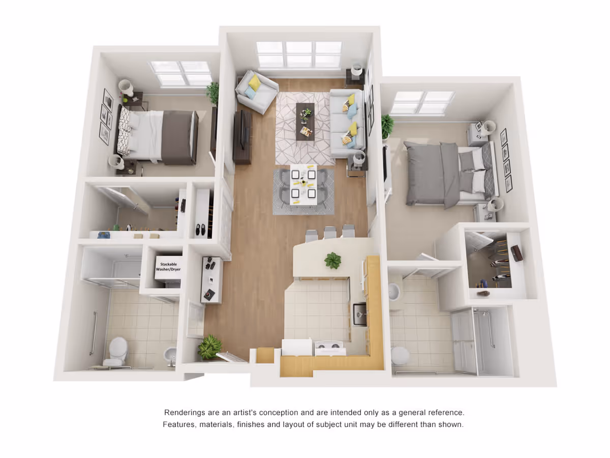 3D floor plan of a two-bedroom apartment featuring a living room with sofa and armchair, a dining area with a table and four chairs, a kitchen with a breakfast bar and three stools, two bedrooms each with a bed and nightstands, two bathrooms, a walk-in closet, and a stackable washer/dryer unit.