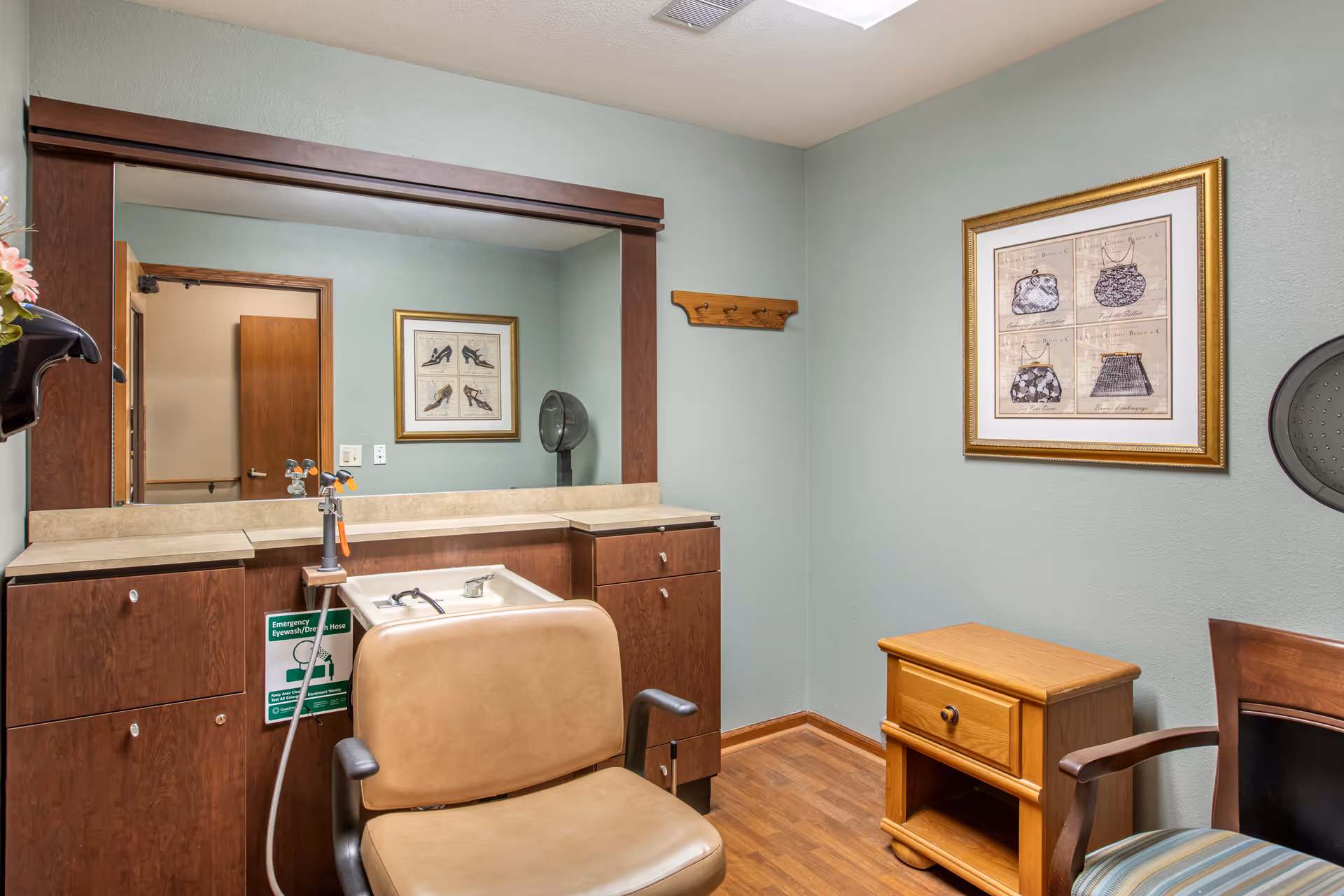 Interior of a salon or grooming room with a beige salon chair in front of a counter with a sink and a large mirror. The walls are painted light green and decorated with framed artwork. There is a wooden coat rack on the wall and a small wooden cabinet next to a striped upholstered chair.