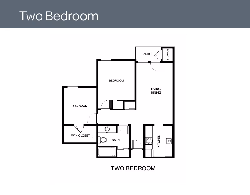 Black-and-white two-bedroom floor plan diagram showing two bedrooms, a living/dining area, kitchen, bathroom, patio and storage.