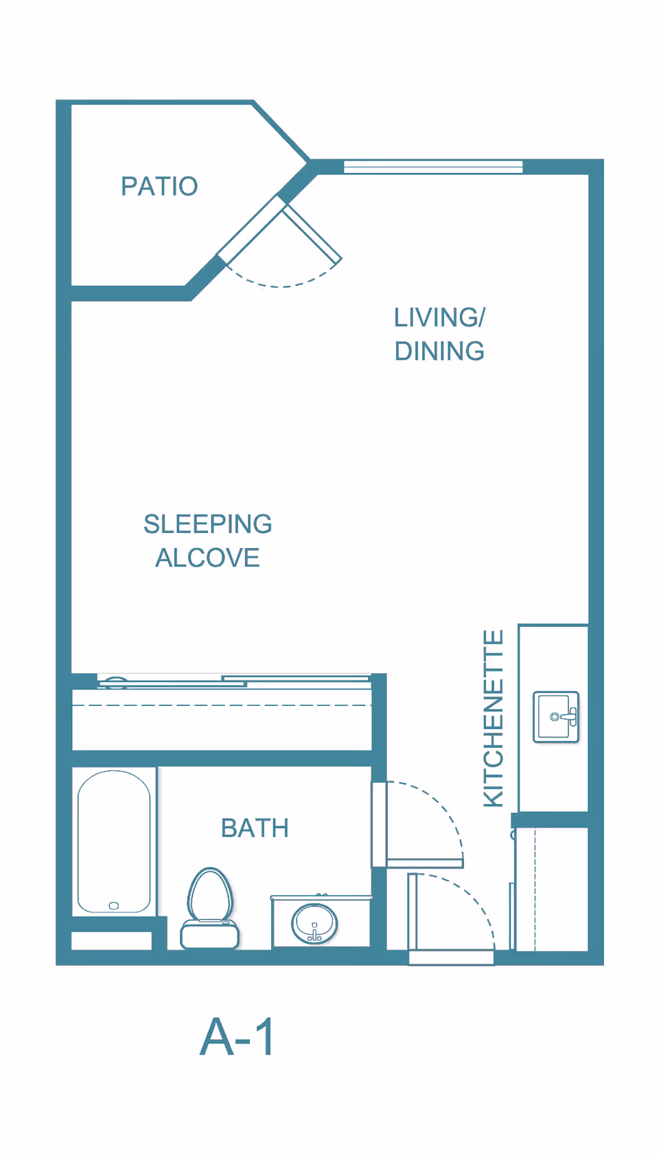 Architectural floor plan labeled A-1 showing a studio layout with a patio, living/dining area, sleeping alcove, kitchenette, and a bathroom with a bathtub, toilet, and sink.