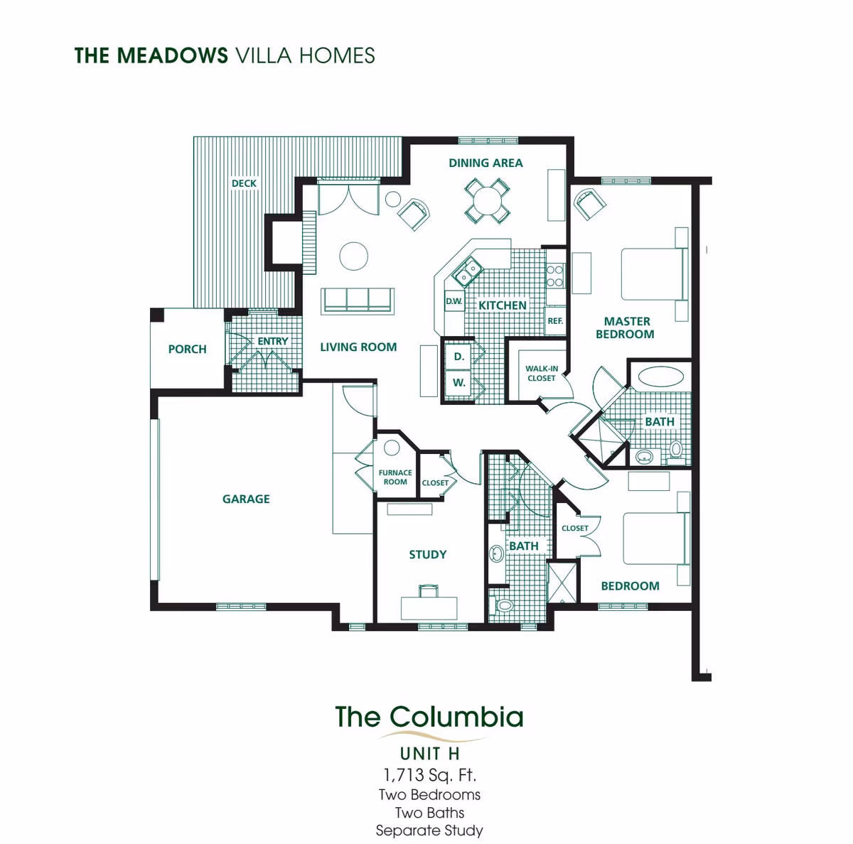 Floor plan of The Columbia Unit H at The Meadows Villa Homes showing a layout with two bedrooms, two bathrooms, a separate study, living room, kitchen, dining area, porch, deck, garage, and furnace room.